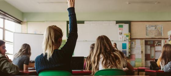foto di una classe di studenti liceali, si vede sullo sfondo cattedra e lavagna sfuocate, poi in primo piano di spalle una studentessa con i capelli biondi in una coda alta che alza la mano per fare una domanda