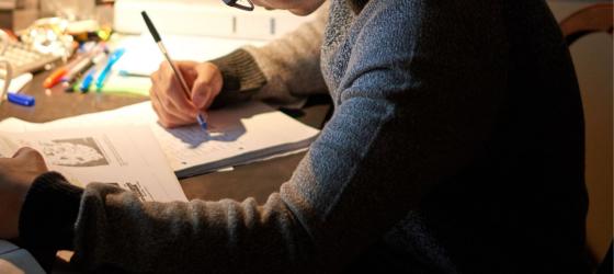 un ragazzo di spalle sta studiando alla scrivania 