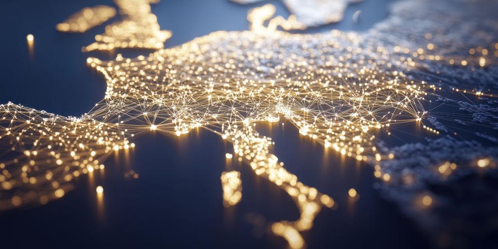 foto dall'alto dell'europa, in cui si vedono molto luci accese, collegate a formare una rete